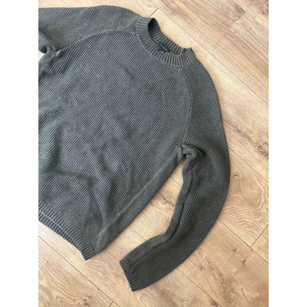 AETHER L cotton green shaker-stitch fisherman rib waffle knit crewneck sweater - Picture 2 of 7